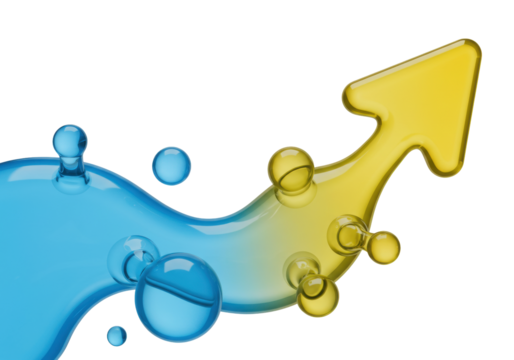 Isolated arrow symbol with fluid effect and small bubbles showing positive upward direction