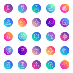 Set of 25 round navigation and location icons in white outline style on colorful gradient backgrounds. Includes GPS, maps, pins, and travel symbols for UI, apps, and web design.
