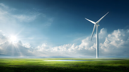 Obraz premium Wind turbine on green field under dramatic clouds