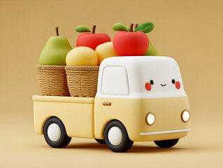 3d fruit truck with smiling face carrying baskets of apples and pears