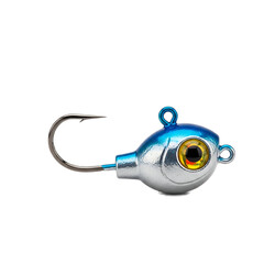 Close-up of a fishing lure with a vibrant blue and silver head, a prominent hook, and a large realistic eye
