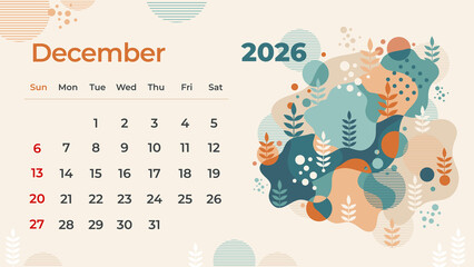 Beautifully Abstract hand-drawn December 2026 calendar