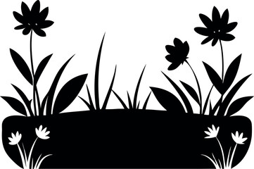 Floral Meadow Silhouette with Dark Flowers and Grass Blades