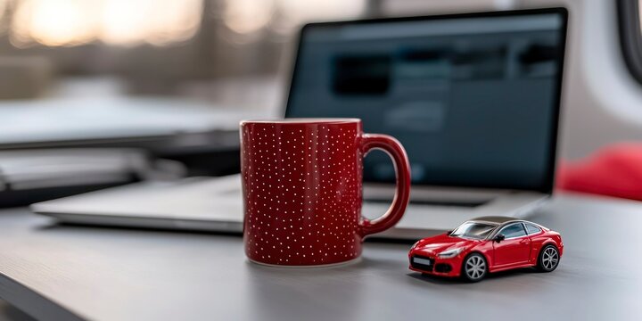 A red mug and a toy car sit on a table next to a laptop. The scene suggests a cozy workspace for a digital nomad family.