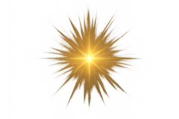 Golden lens flare light effect with starburst glow and sparkling rays, creating a bright illumination element