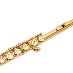 Fototapeta premium Close-up of a gleaming gold instrument with circular keys and a mouthpiece, diagonally positioned against a black background