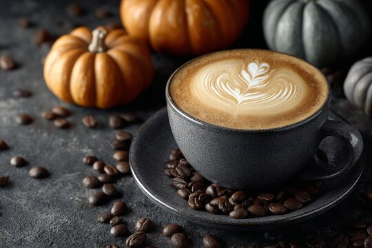 Halloween themed latte art with pumpkin pattern in coffee, cozy autumn drink