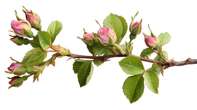 Delicate Rose Branch with Buds and Green Leaves.