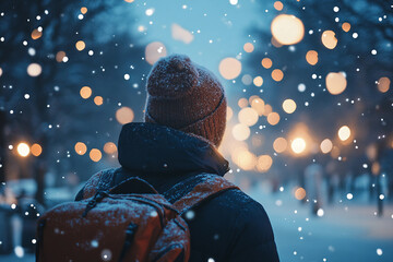 Dreamy Winter Night with a Person Admiring Sparkling Fireworks in Festive Holiday Atmosphere, Generative AI