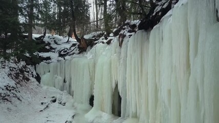 Frozen vertical ice sheets hang along a cliff wall under snow covered ground and pine trees in forest setting at Eben Ice Caves, USA - Powered by Adobe