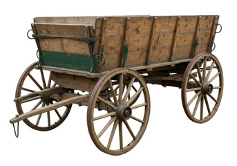 Isolated historical wooden wagon with open-topped body for transporting goods, crops, or people