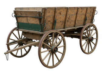 Isolated historical wooden wagon with open-topped body for transporting goods, crops, or people