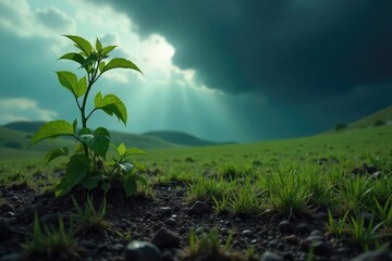 Naklejka premium A sickly, vibrant green plant wilts under a clouded, stormy sky; unnatural hues dominate the landscape, conveying a sense of decay and impending doom , pollution, nature
