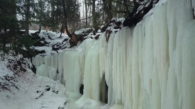Frozen vertical ice sheets hang along a cliff wall under snow covered ground and pine trees in forest setting at Eben Ice Caves, USA