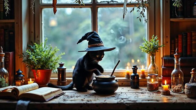 A black cat wearing a wizard hat stirs a cauldron on a wooden table. Surrounding are plants, candles, and potion bottles. A window shows a blurred outdoor view.