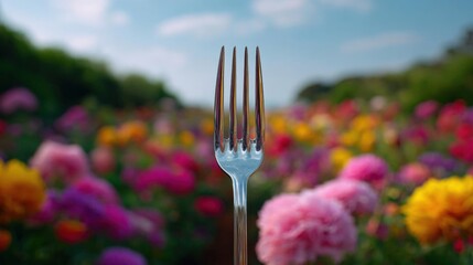 Fork in the foreground with a field of colorful flowers in the background. the fork is silver in color and has four prongs on the top.