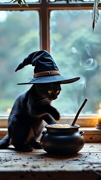 A small black cat wearing a witch's hat stirs a cauldron on a wooden table by a window. Smoke rises from the pot, creating a mystical atmosphere.