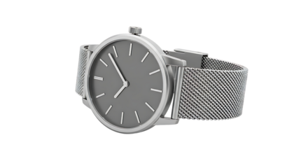 Silver wristwatch with a gray face isolated on transparent background