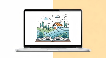 Open book reveals charming countryside home and rolling hills, inspiring imagination