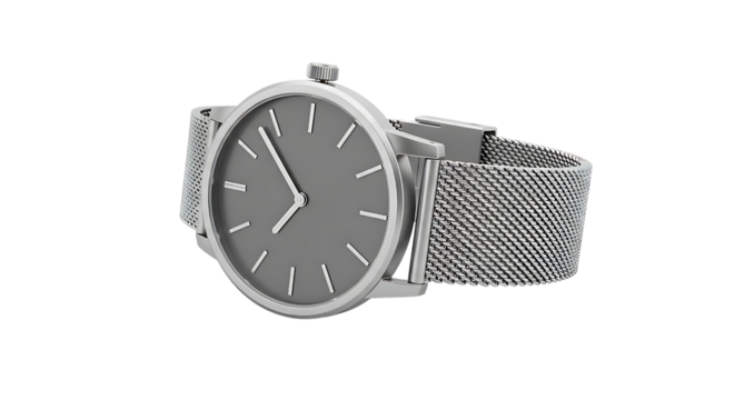 Silver wristwatch with a gray face isolated on transparent background