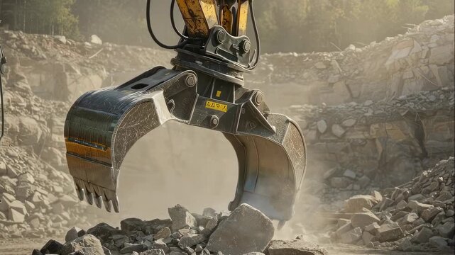 Excavator claw bucket lifting and dropping rocks at construction site, heavy machinery at work footage
