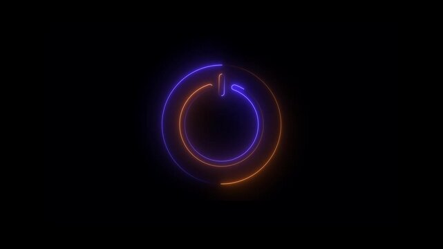 Glowing neon power button icon isolated on black background. HD Video motion graphic animation