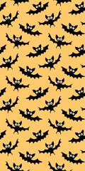 Flying bats seamless pattern. Cute Spooky vector Illustration. Halloween backgrounds and textures in flat cartoon gothic style. Black silhouettes animals on orange background