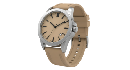 Wristwatch with a beige band isolated on transparent background is presented here