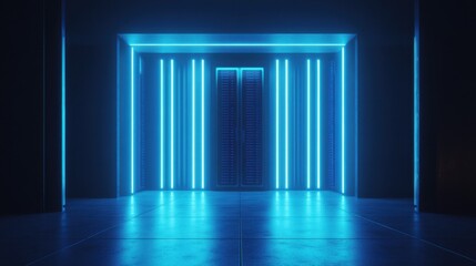 Futuristic data center entrance illuminated by blue LED lights in a modern technology environment