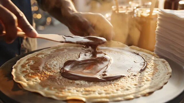 Chef spreads rich chocolate filling on freshly made crepes in bustling outdoor cafe. Warm sunlight creates inviting atmosphere. Concept of dessert, culinary art, outdoor dining