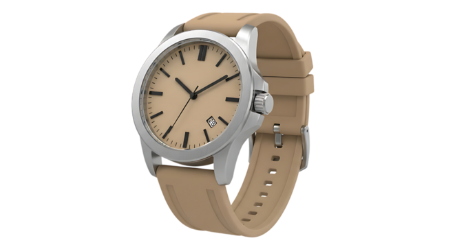 Wristwatch with a beige band isolated on transparent background is presented here