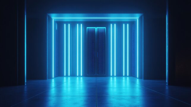 Futuristic data center entrance illuminated by blue LED lights in a modern technology environment