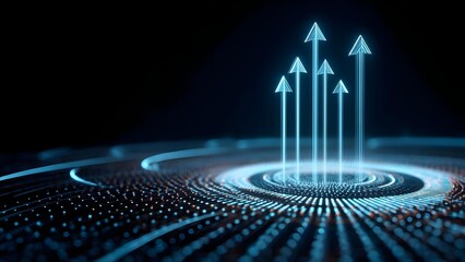Several neon blue arrows rising upward from a glowing circular digital platform, symbolizing growth and momentum. Concept Neon blue arrows rising from a glowing circular platform