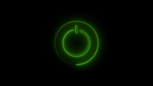 Glowing neon power button icon isolated on black background. HD Video motion graphic animation