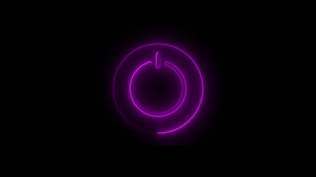 Glowing neon power button icon isolated on black background. HD Video motion graphic animation