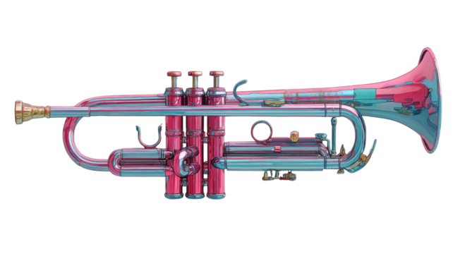A pink trumpet with blue and green accents featuring artistic musical instrument style isolated on white background