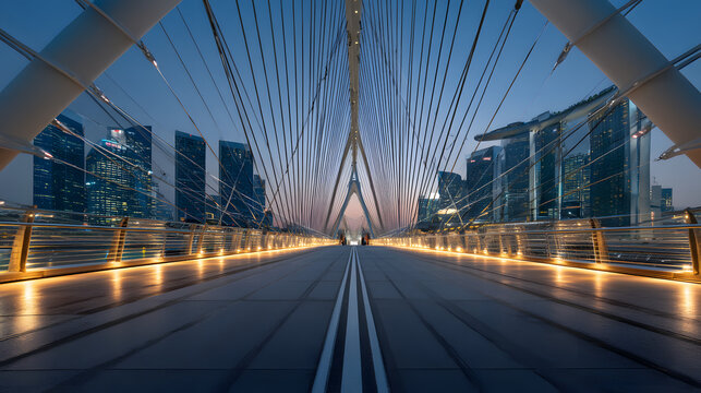 Ultra-Detailed Cinematic Shot of Esplanade Bridge at Dusk with City Skyline and Vibrant Lights