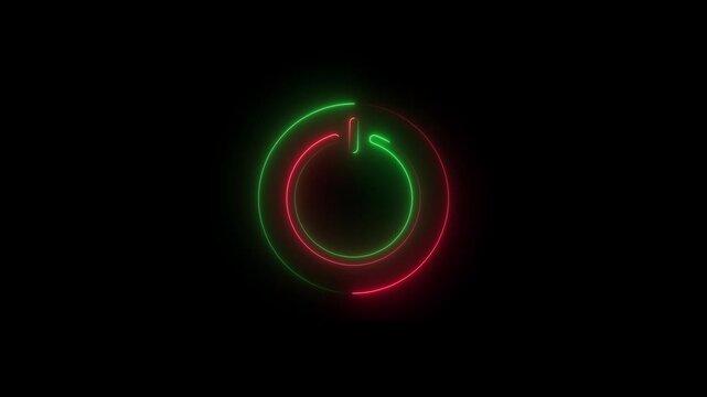 Glowing neon power button icon isolated on black background. HD Video motion graphic animation
