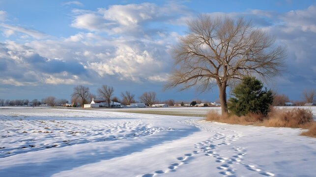 Winter landscape with snow-covered fields and bare trees under a blue sky at sunset in a rural area