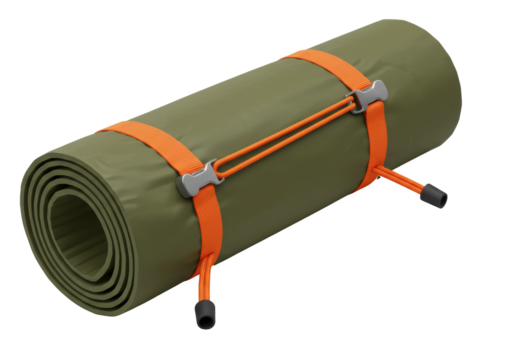 Isolated camping sleep mat ready for adventure travel in nature, packed equipment on ground