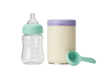 Isolated Baby Bottle, Formula Container, and Spoon for Feeding and Nourishment Necessities