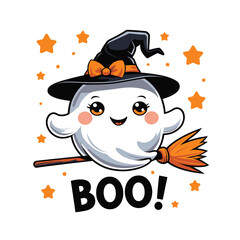 A cute ghost wearing a black witch's hat with an orange ribbon