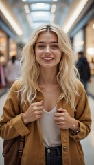 A happy young blonde woman in a large store.