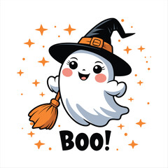 A cute ghost wearing a black witch's hat with an orange ribbon