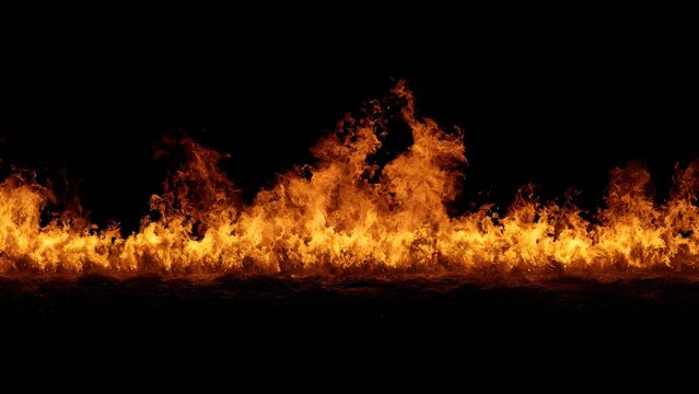 A horizontal line of orange flames burning along the ground against a black background. Concept Line of orange flames along the ground against a pitch-black background