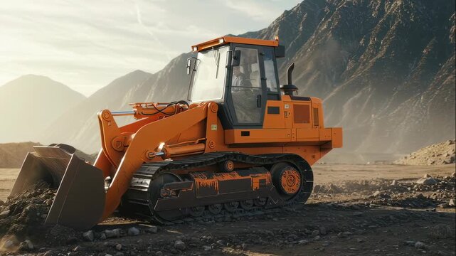 Robotic wheel loader moving gravel in a sunny mountain landscape. Heavy construction machinery, earthmoving equipment animation.