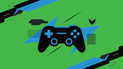 Gaming controller artwork, digital play concept, tech-inspired visual design, modern entertainment layout, pixel circuit background, vibrant joystick illustration