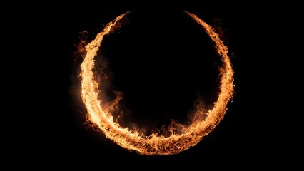 A fiery ring of orange flames forming a circle against a black background. Concept Fiery Ring, Orange Flames, Circular Fire, Black Background, Dramatic Lighting