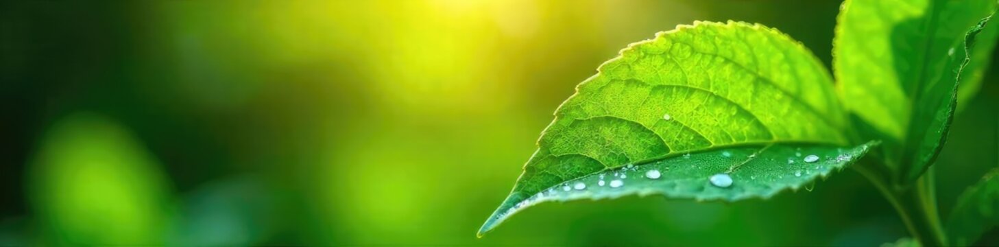 Fototapeta A vibrant green leaf, glistening with morning dew, basks in the warm summer sun Perfect for nature, summer, or environmental themes Close-up shot highlighting intricate details , summertime, ecology