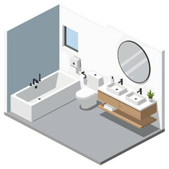 This isometric illustration captures a modern, minimalist bathroom featuring a double vanity with vessel sinks, a white tub, and contrasting black fixtures against a cool blue accent wall.